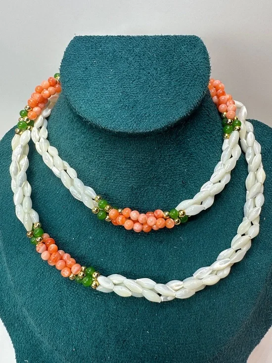 Vintage Mother Of Pearl Angel Skin Coral & Jade Bead Braided Necklace - Picture 3 of 8